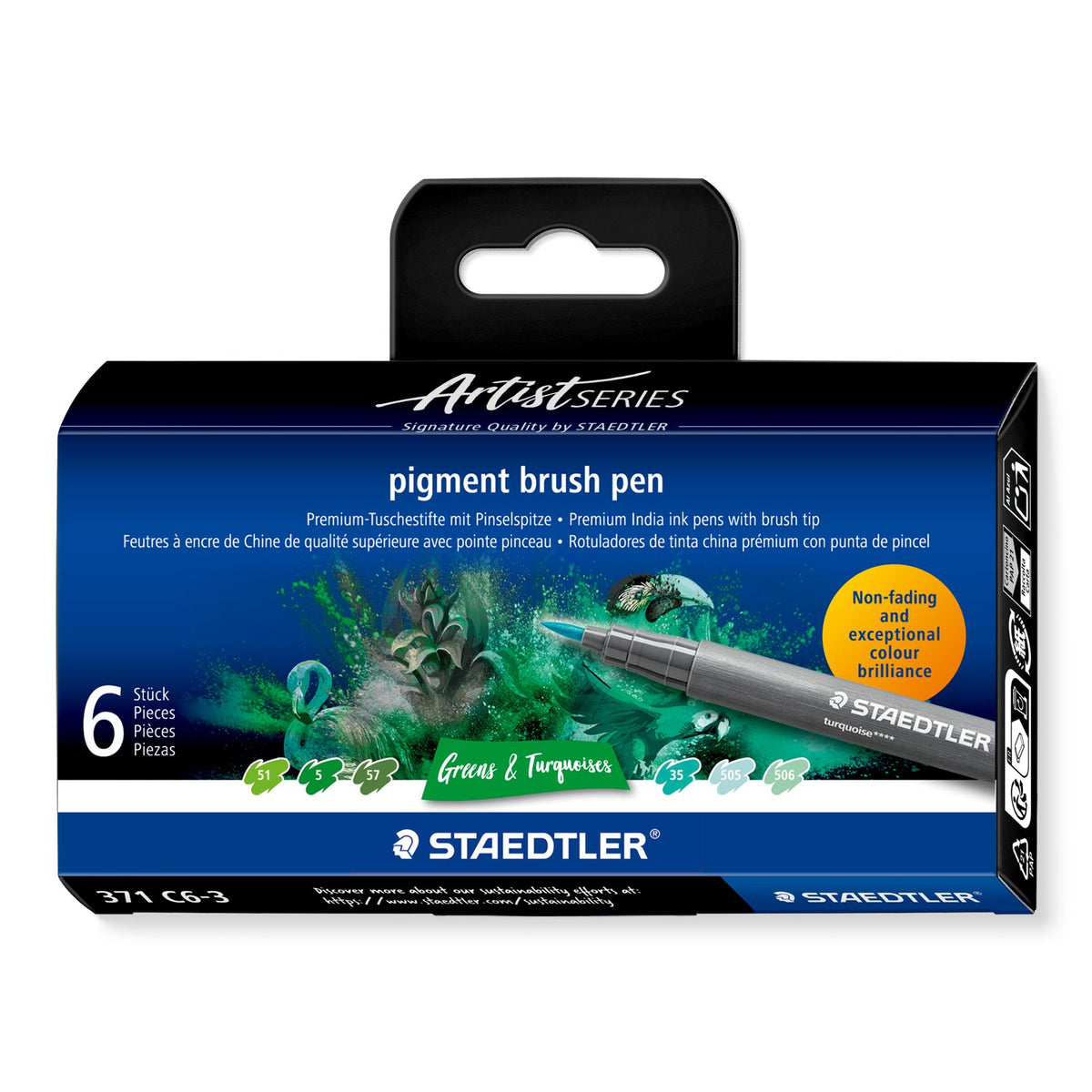STAEDTLER Pigment Brush Pens — 6 Greens & Turquoises