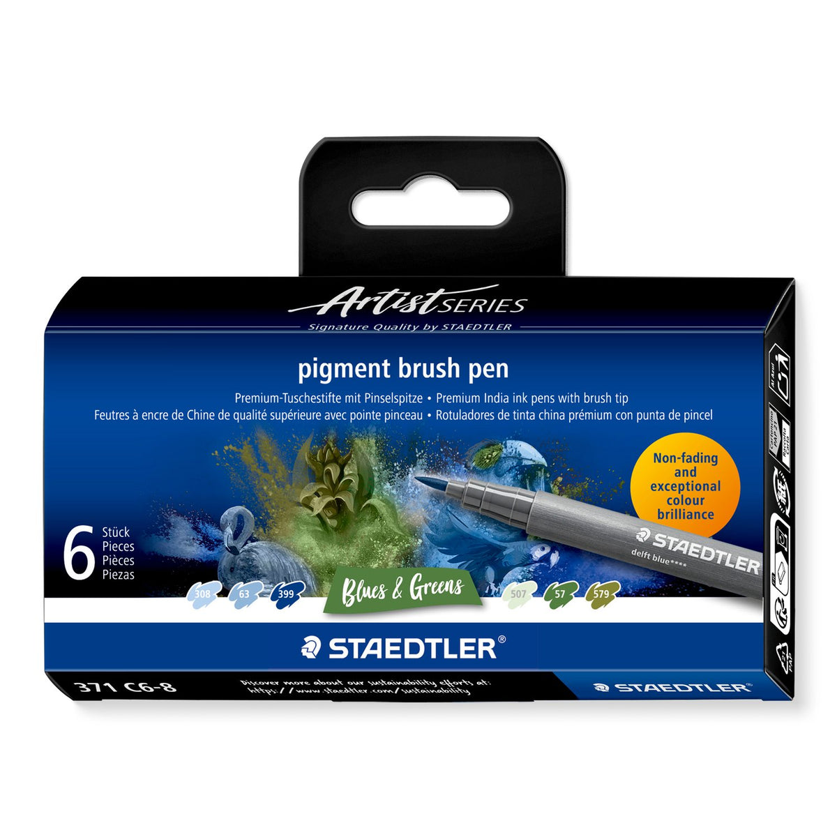 STAEDTLER Pigment Brush Pens — 6 Blues & Greens