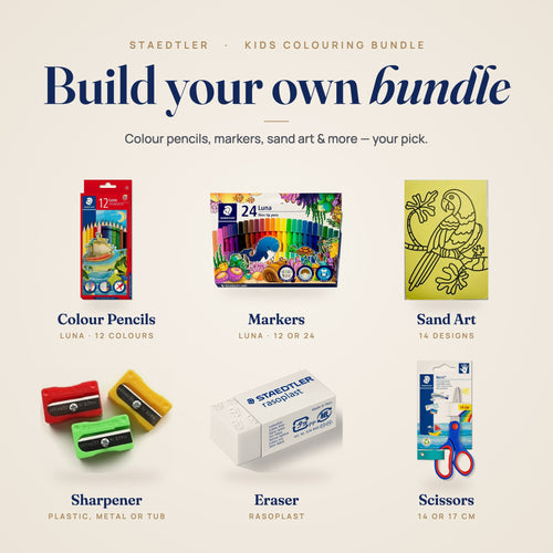 Kids Colouring Bundle: colour pencils, markers, sand art, sharpener, eraser and scissors