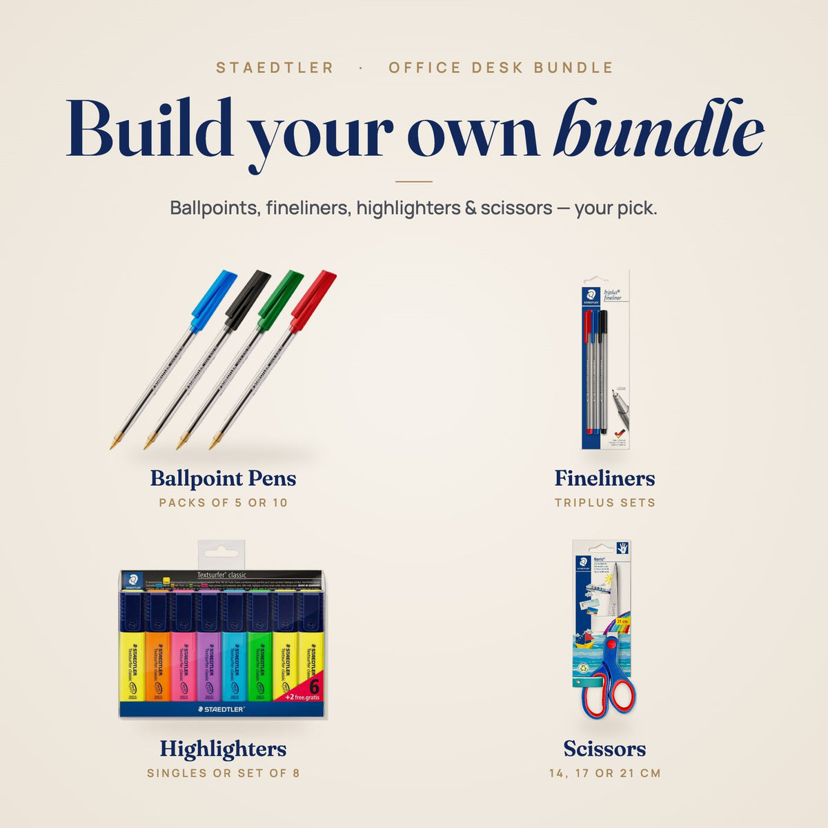 Office Desk Bundle: ballpoint pens, fineliners, highlighters and scissors